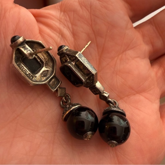 Judith Jack vintage Art Deco Sterling silver Onyx Dangle Earrings - Picture 13 of 16